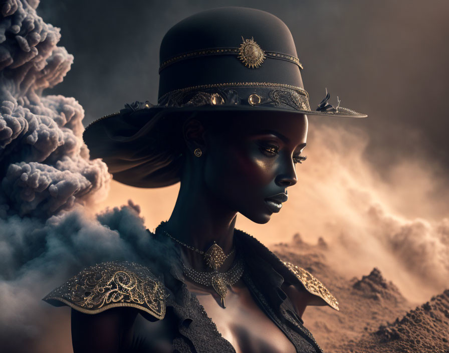 Profile of woman in military-style hat with dramatic sky