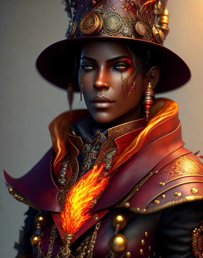 Digital artwork: Woman with golden eye makeup, steampunk hat, flame-patterned coat