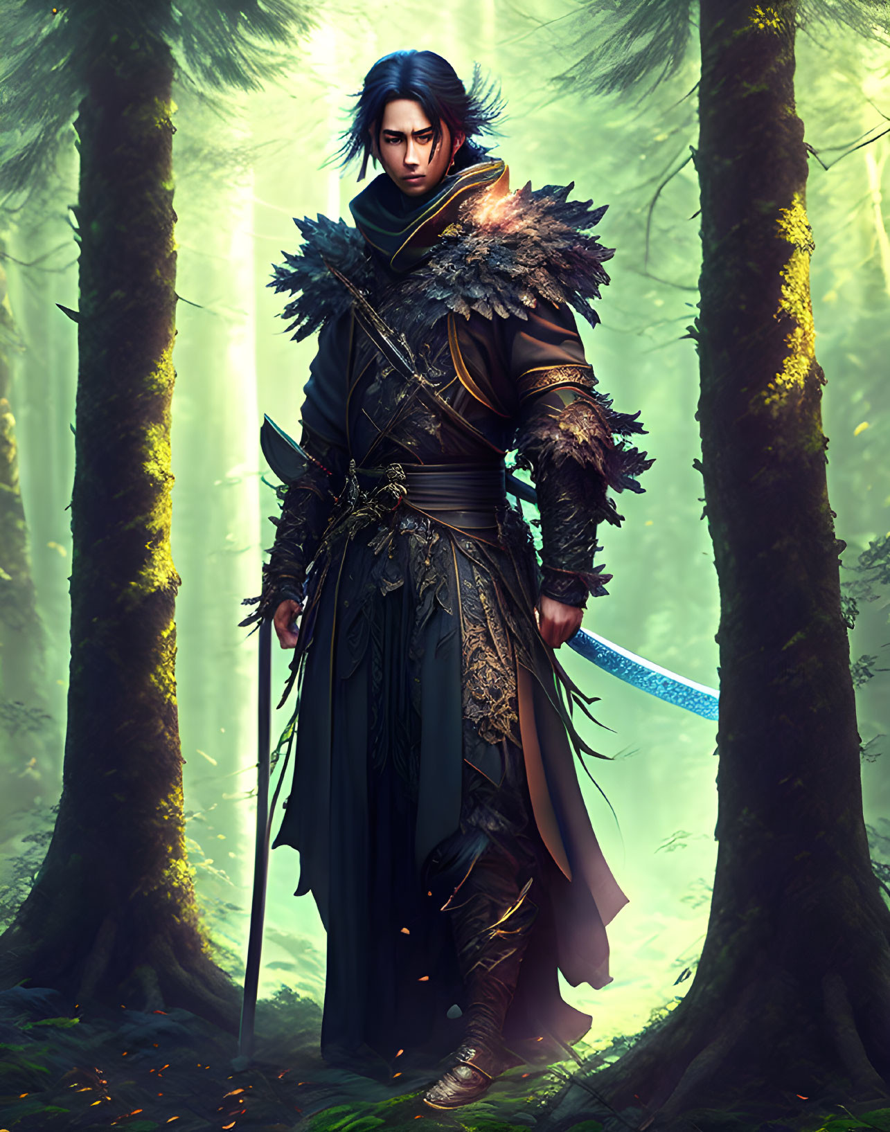 Male figure in ornate armor wields sword in sunlit forest