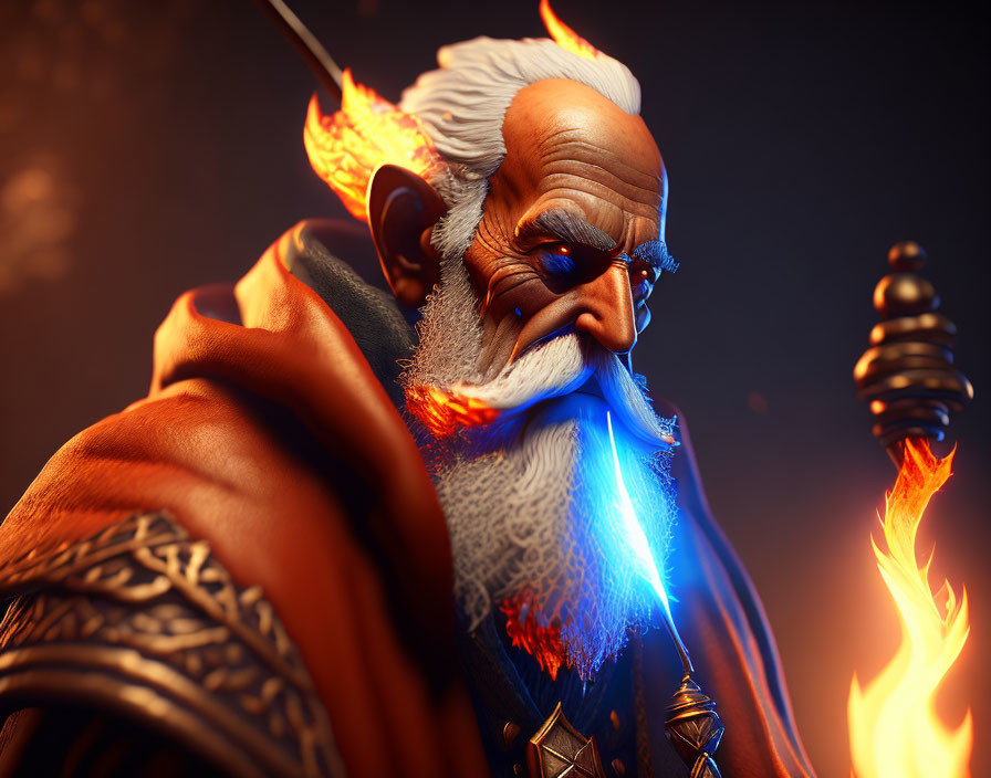 Elderly wizard with glowing staff and fiery magic, long white beard