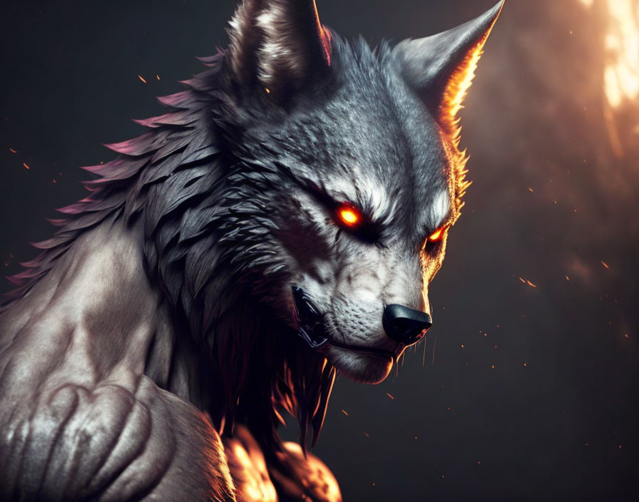 Muscled wolf with glowing red eyes in digital illustration