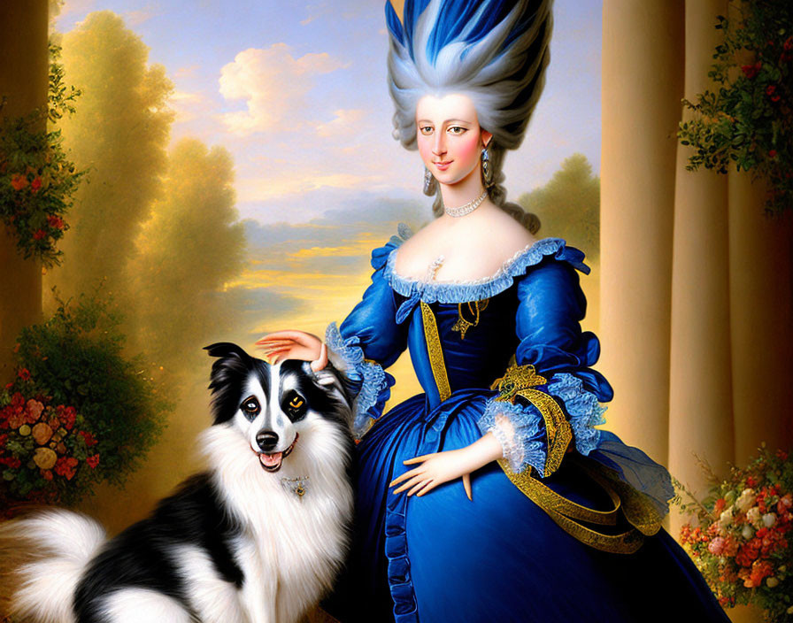 18th-Century Woman in Blue Gown with White Wig and Dog in Landscape