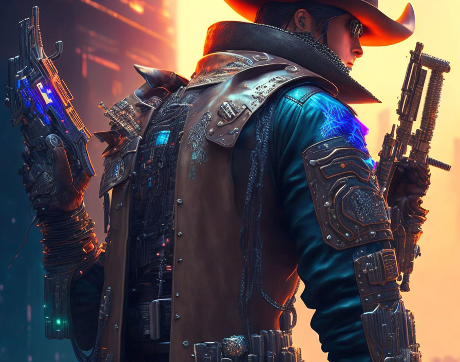 Futuristic Cowboy with Cybernetic Arms and High-Tech Rifles in Neon-lit Setting