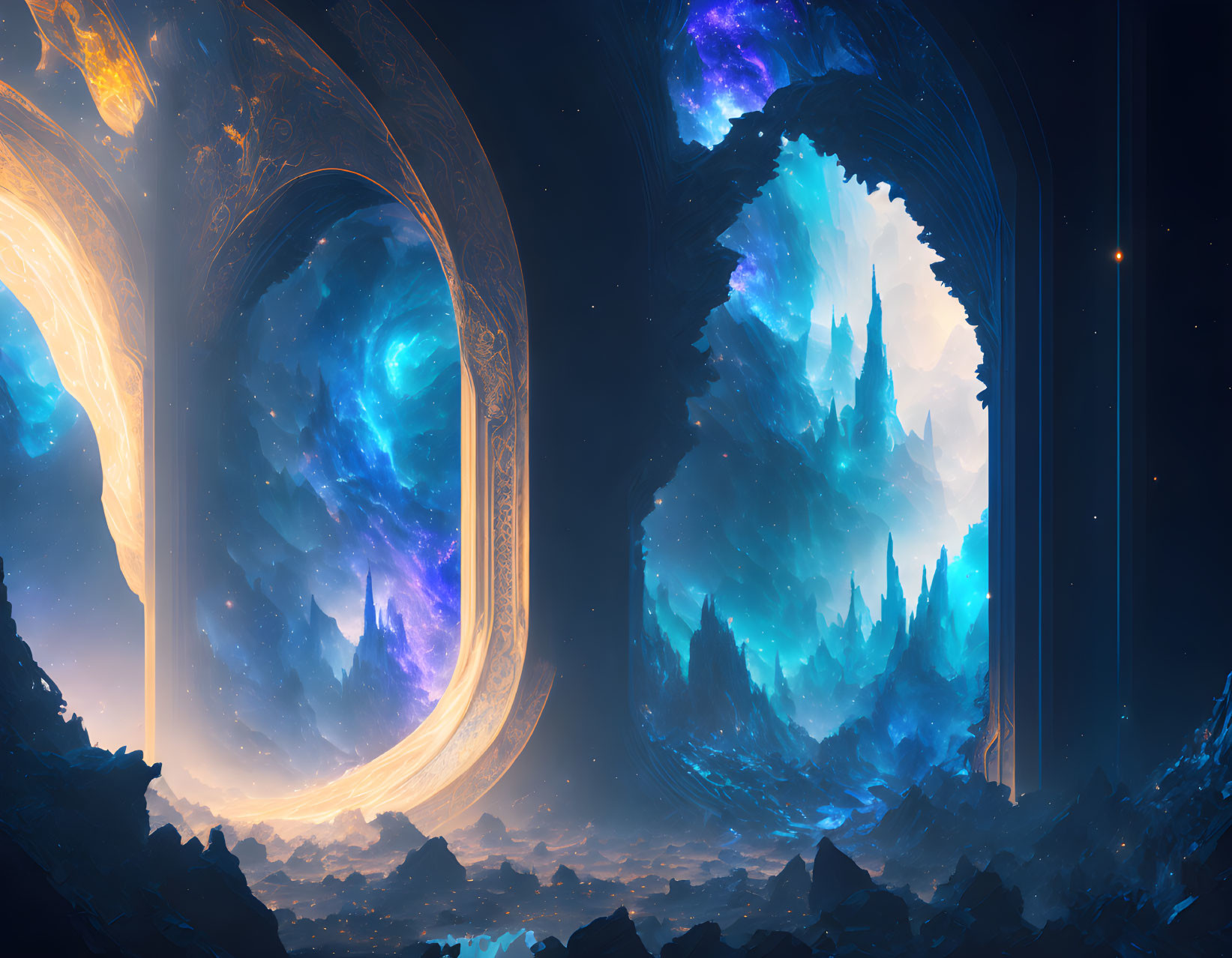 Fantastical cosmic landscape with ornate arches and celestial bodies