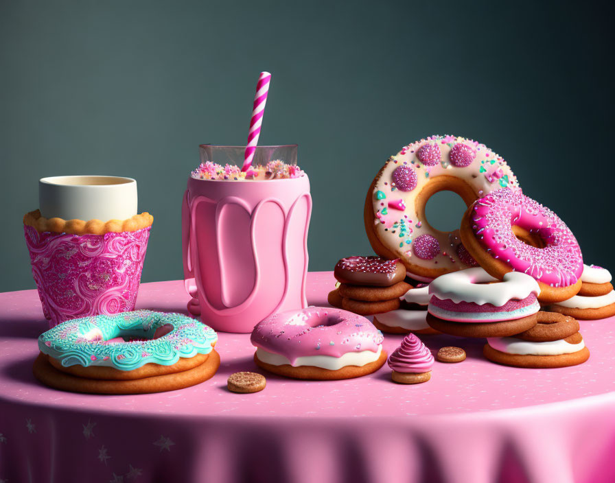 Assorted Colorful Frosted Doughnuts, Cookies, Pink Milkshake on Pink Table