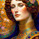 Stylized woman in ornate gold and blue attire with intricate patterns