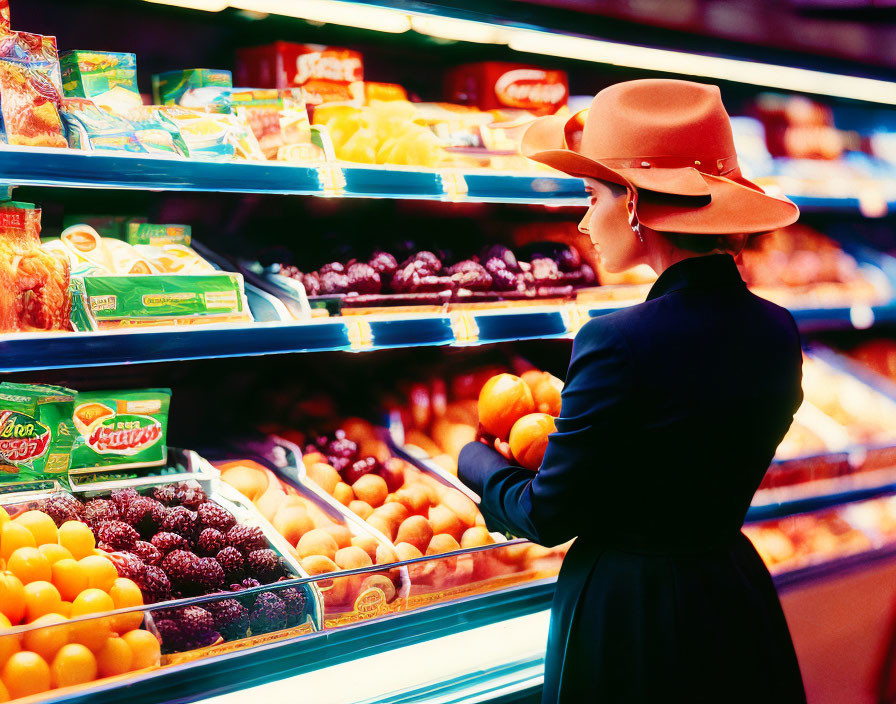 Woman in hat browsing supermarket aisle with vibrant produce and goods
