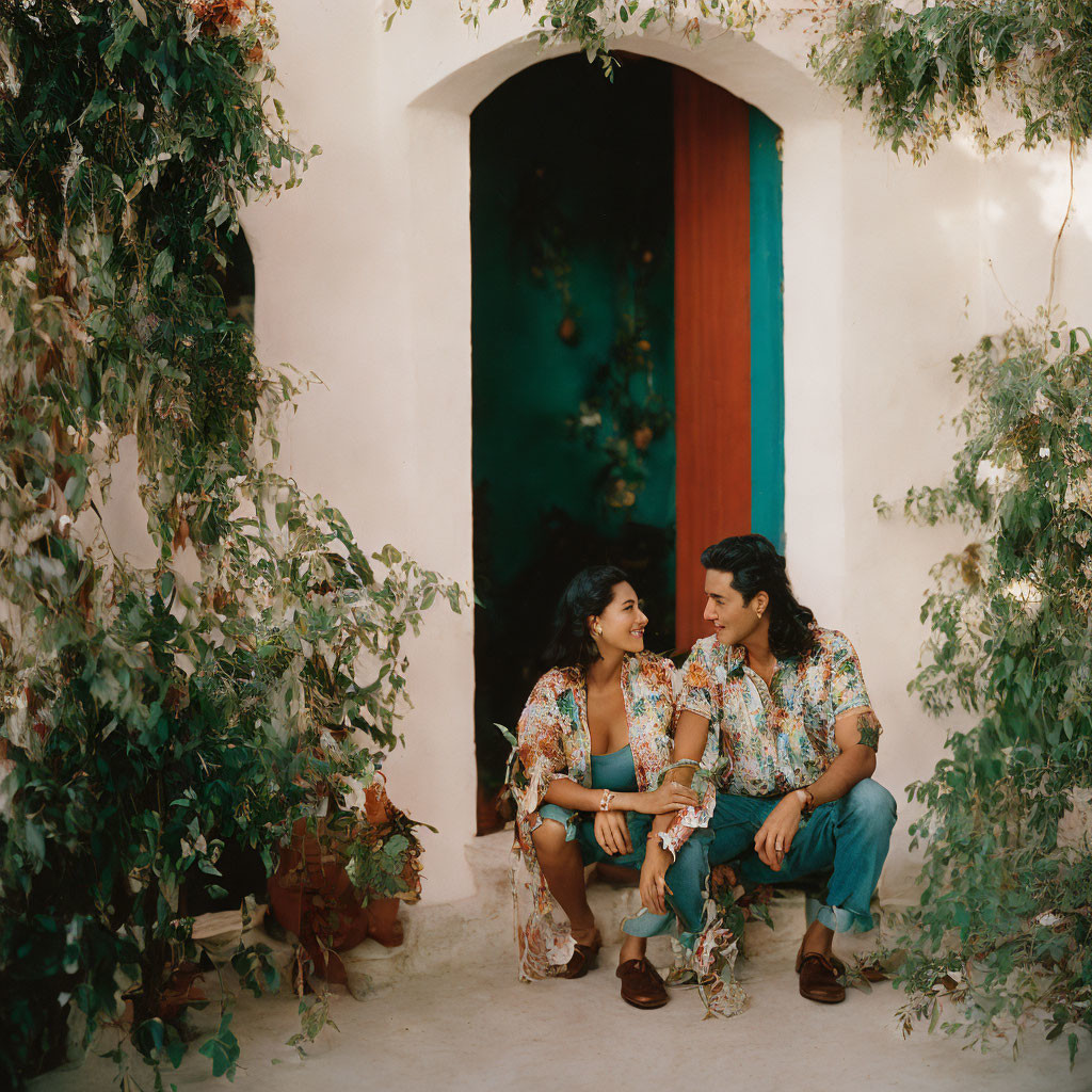 Couple in Matching Outfits Smiling by White Arched Doorway