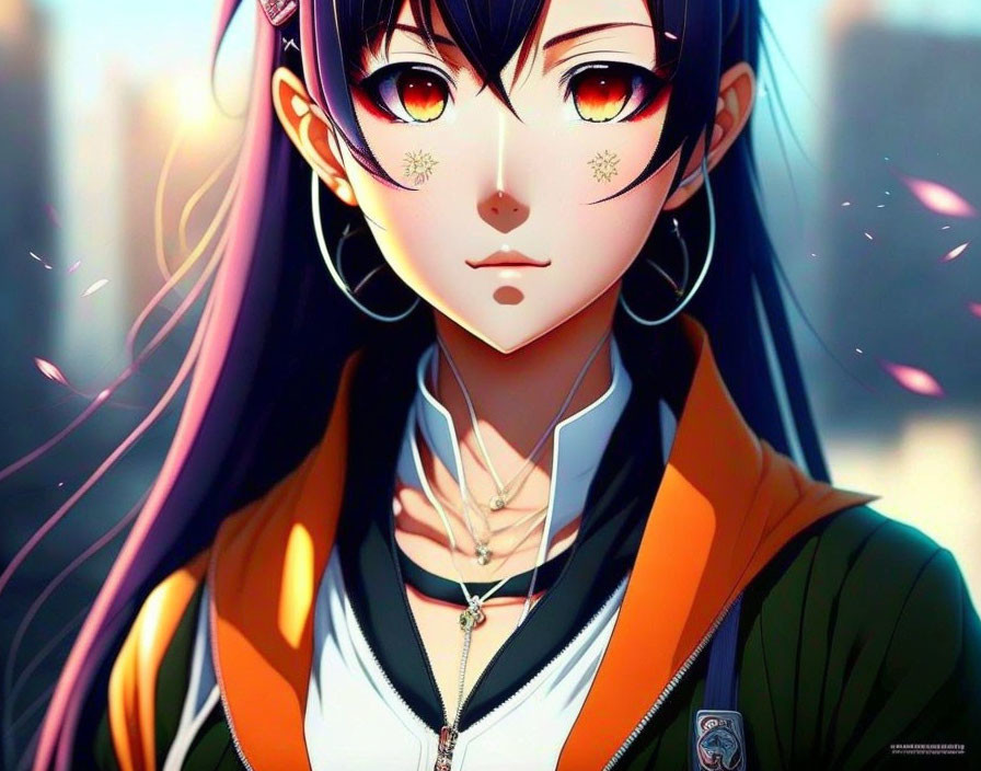 Stylized anime girl with black hair and red eyes in urban setting