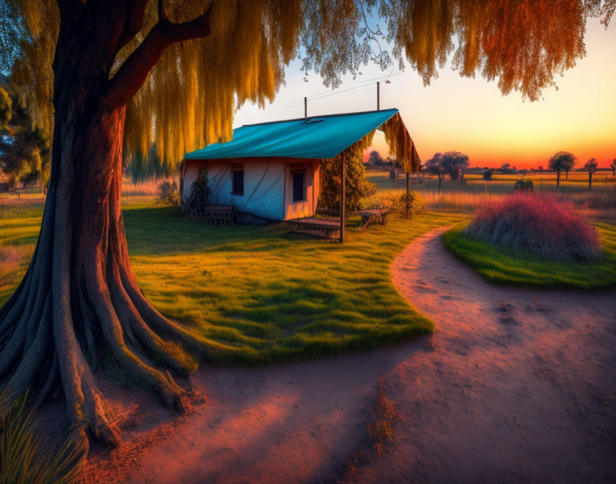 Charming house with blue awning under weeping willow tree at sunset