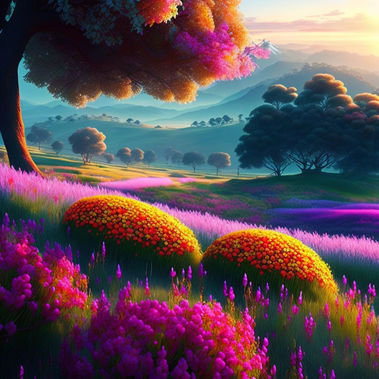 Lush tree, rolling hills, purple and orange flowers in warm dusk landscape