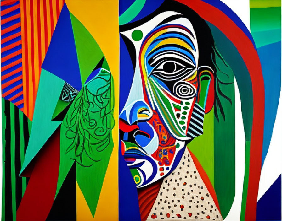 Vibrant abstract painting of stylized human face with colorful geometric patterns