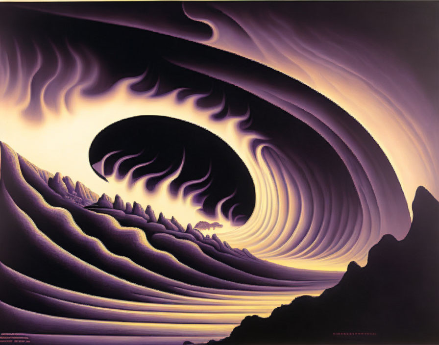 Abstract purple and black waves in surreal landscape.