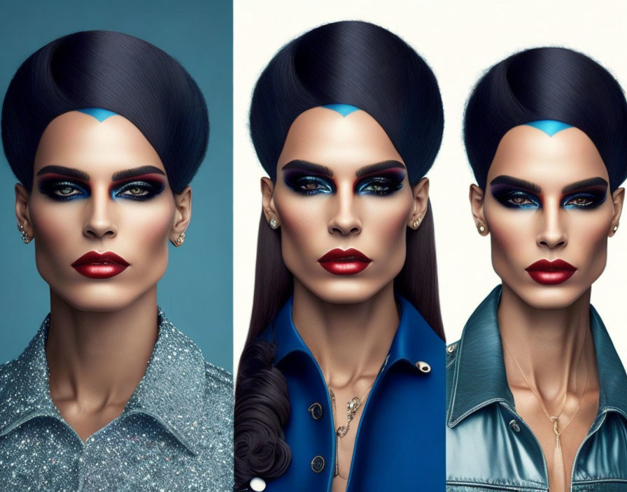 Three women in stylized makeup and avant-garde outfits with bold eyebrows and high hair buns