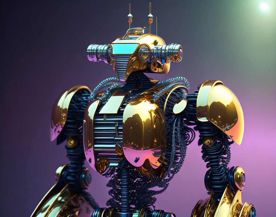 Intricately designed golden-blue robotic figure on purple gradient background