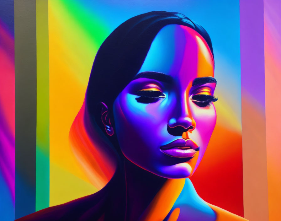 Vibrant portrait of a woman with rainbow palette and dramatic shadows