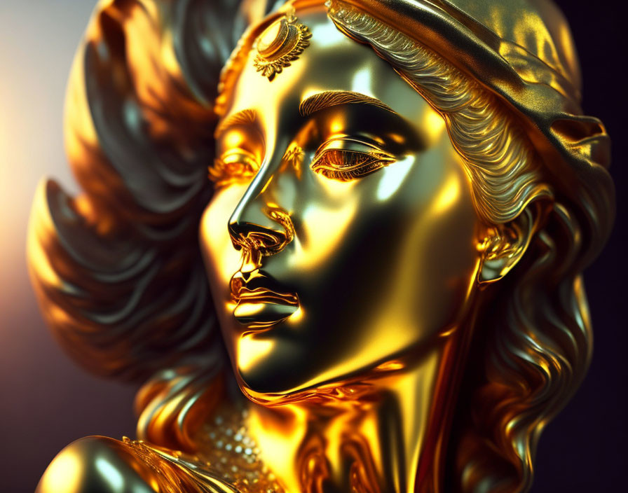 Golden 3D rendering of classical female figure with ornate headdress and intricate facial features