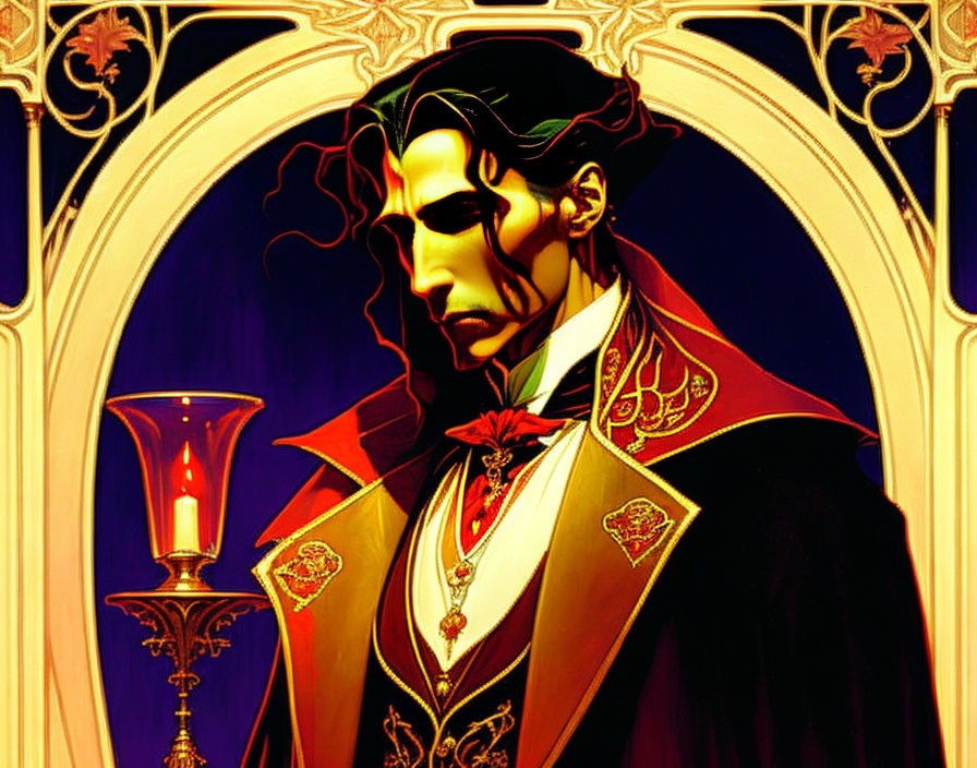 Vampire in Red Cravat and Cape Under Art Nouveau Arch