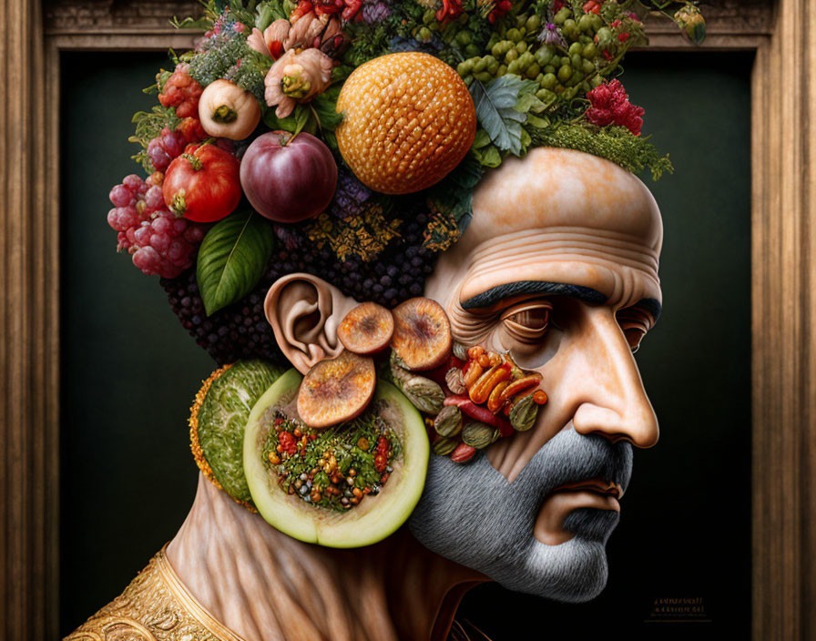 Surreal portrait blending man's face with fruit and vegetables