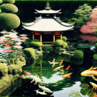 Tranquil Japanese garden with temple, pond, trees, and butterflies