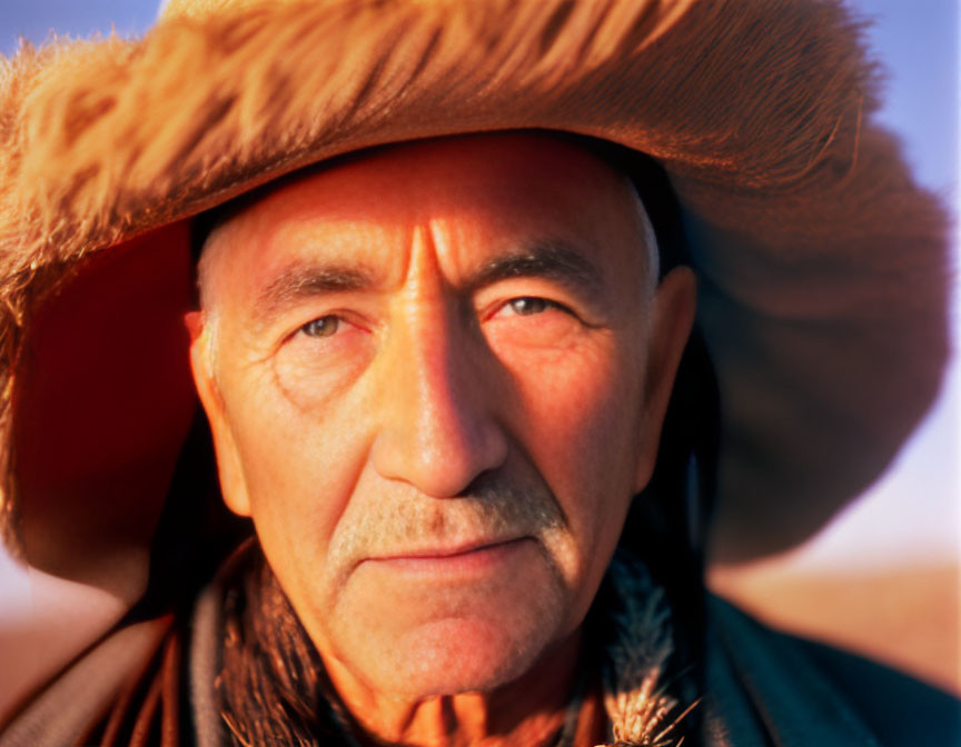 Elderly Man in Fur Hat with Intense Gaze and Weathered Skin
