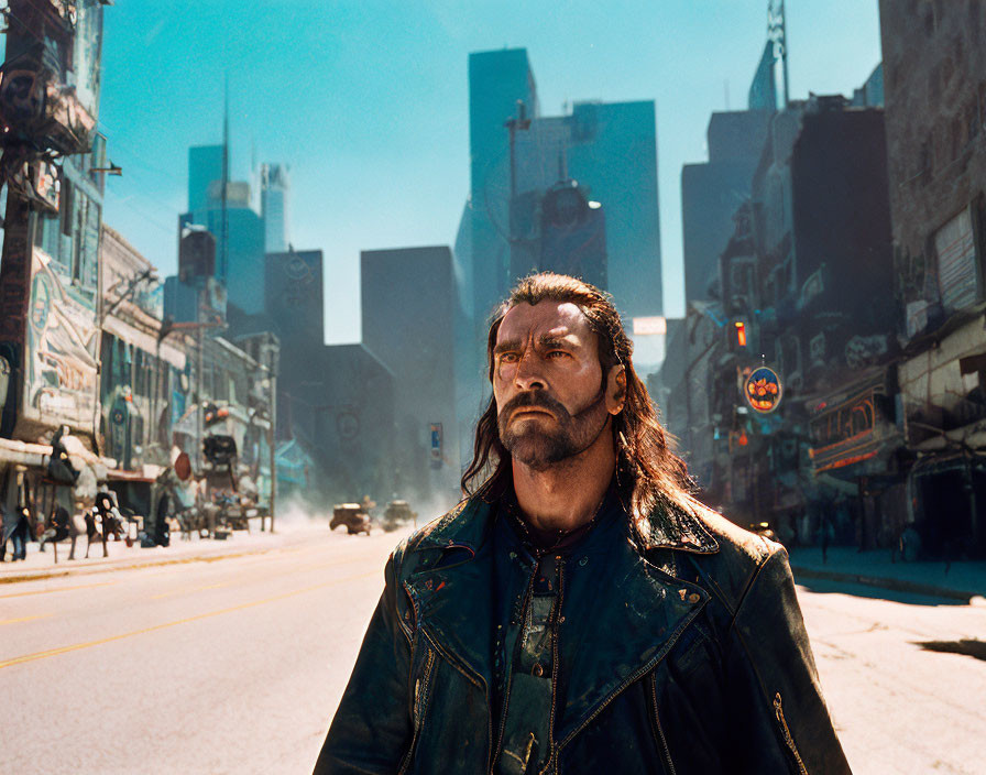 Man with long hair and beard in leather jacket on city street with high-rise buildings.