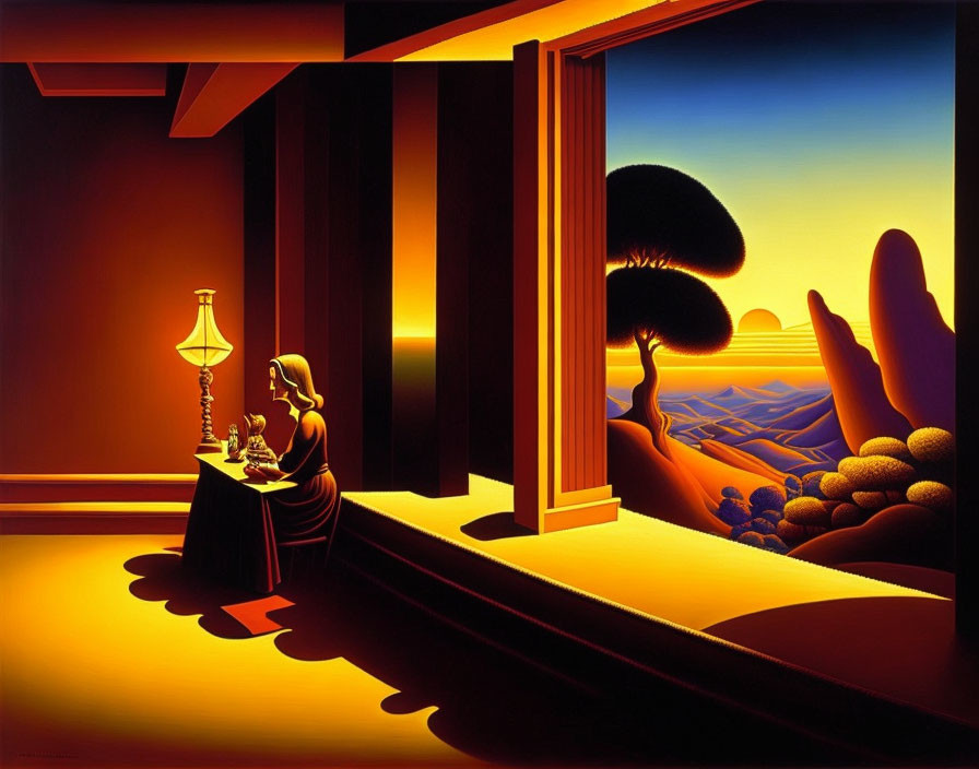 Stylized painting of woman at table with surreal golden landscape.