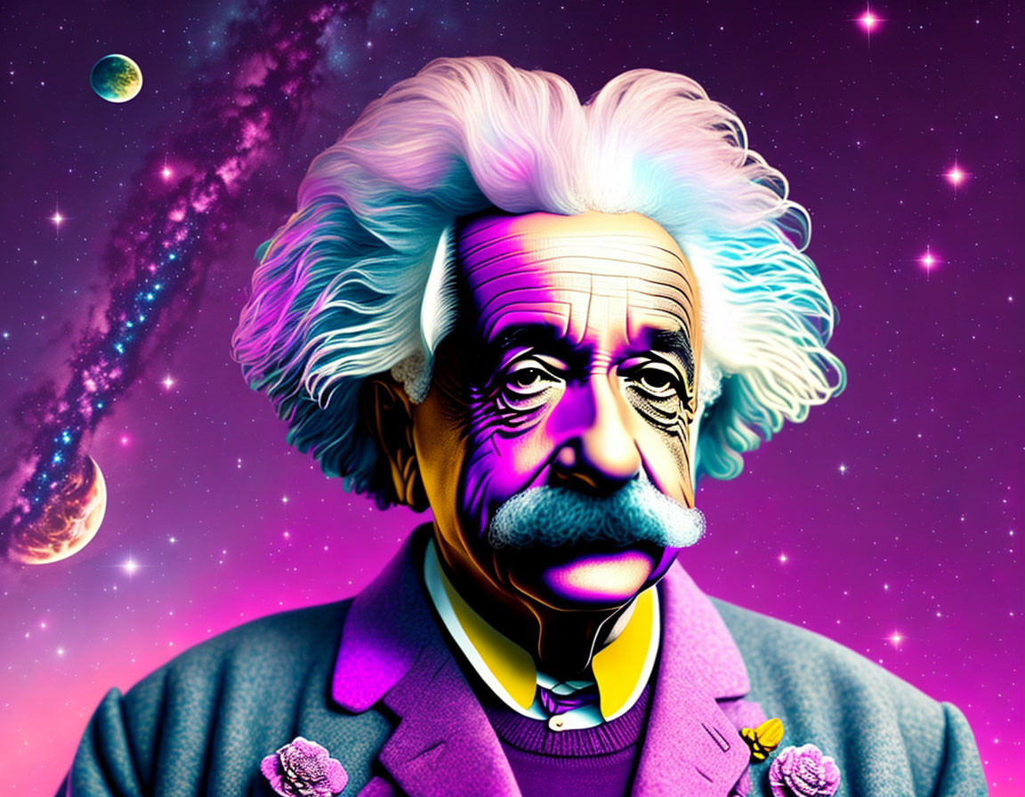 Colorful Digital Artwork: Exaggerated Einstein-like Man in Cosmic Setting