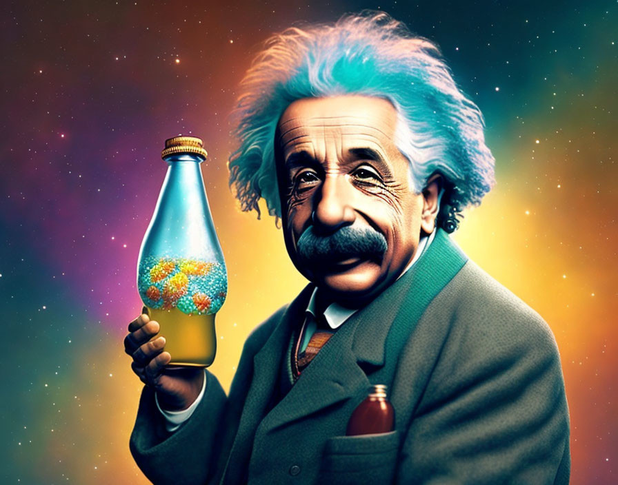Scientific character with galaxy bottle in cosmic illustration