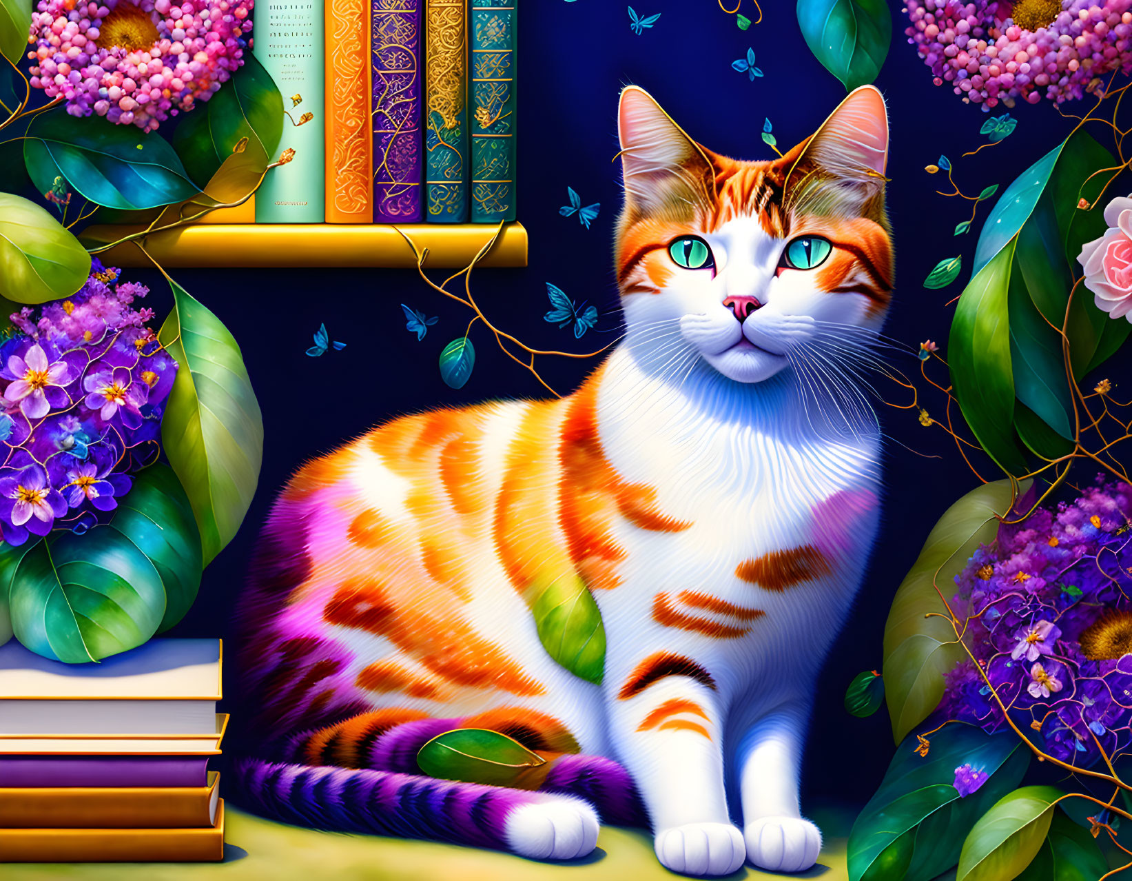 Vibrant cat illustration with green eyes, books, flowers, and butterflies