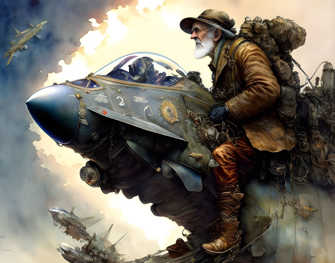 Elderly aviator in leather jacket and goggles on futuristic jet with fighter planes in background