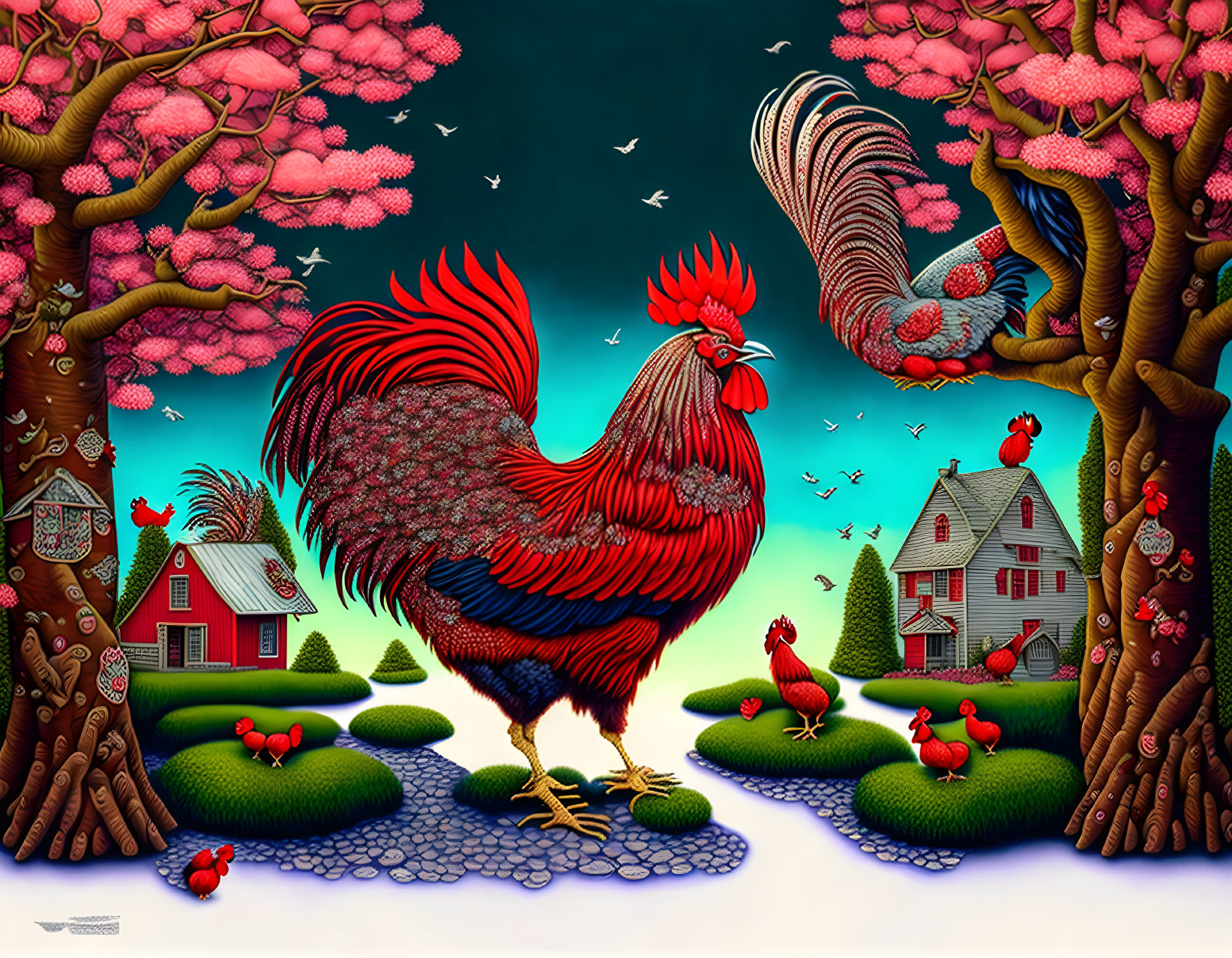 Red cherry tree, rooster, chickens. extreme detail