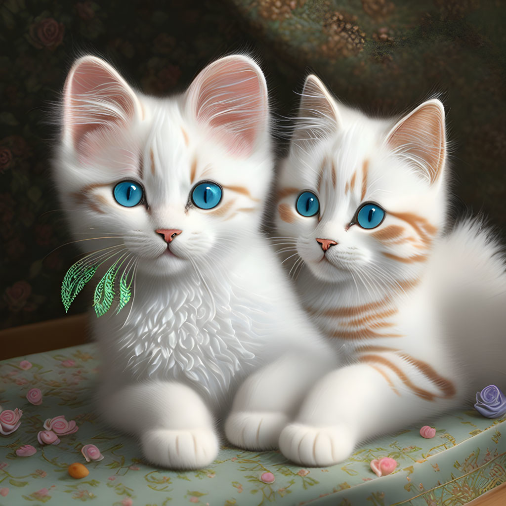 Fluffy white kittens with blue eyes and orange markings on floral surface