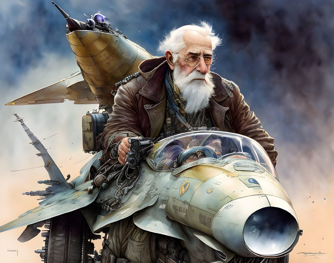 Elderly aviator with white beard on futuristic jet in smoky sky