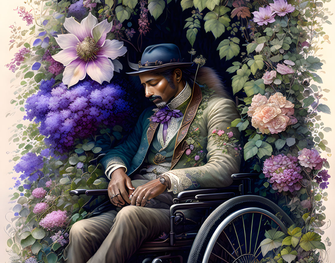 Man in wheelchair surrounded by lush foliage and flowers, exuding contemplation.