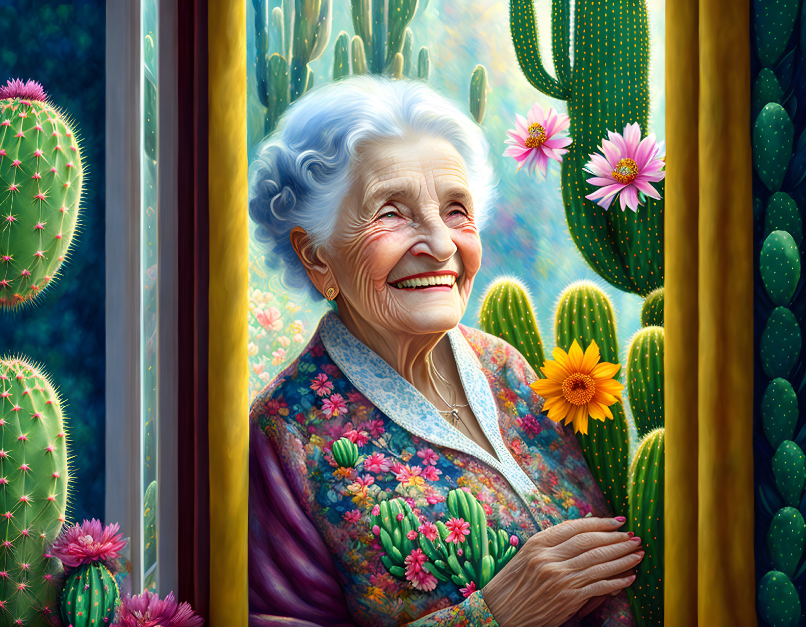 Smiling old woman looking at cactus flower on the 