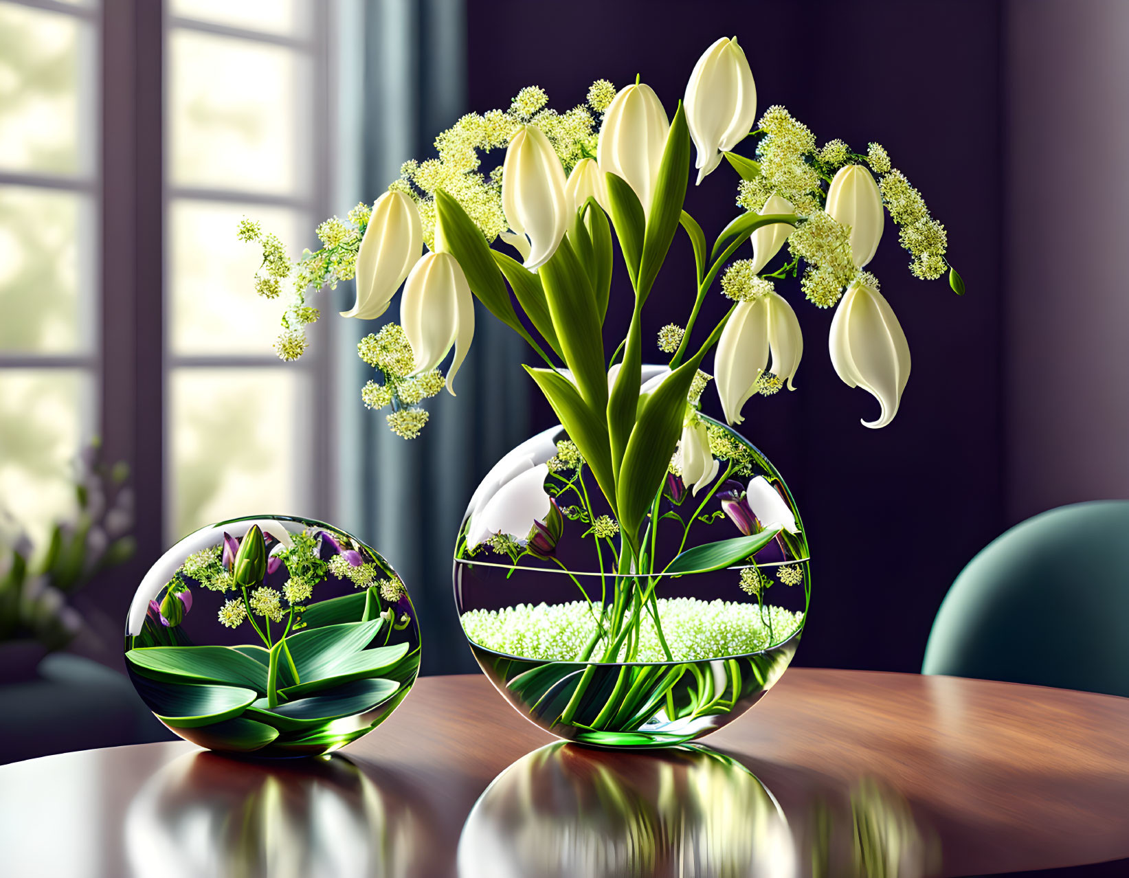 White Tulips and Greenery in Glass Vase with Orb on Wooden Table