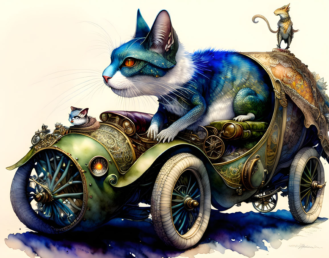 Illustration of large blue cat on steampunk car with smaller cats