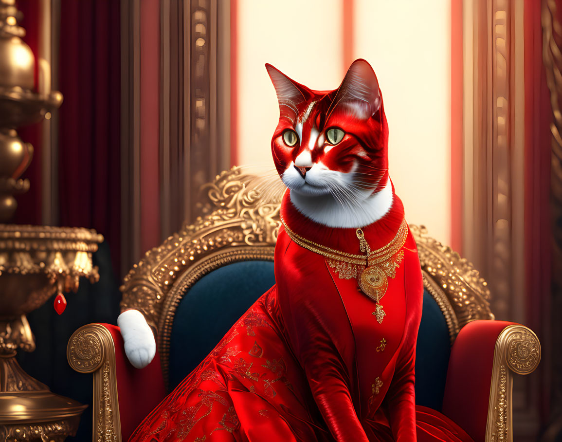 Regal anthropomorphic cat in red dress on ornate blue chair