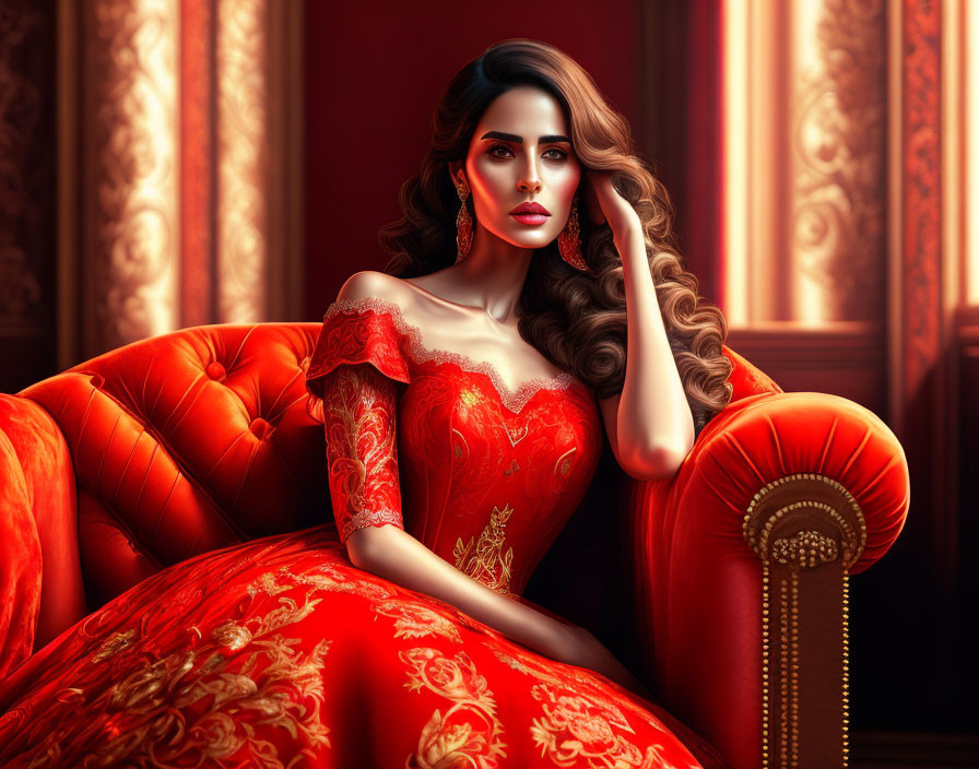 Woman with wavy hair in red dress on luxurious red sofa in ornate room
