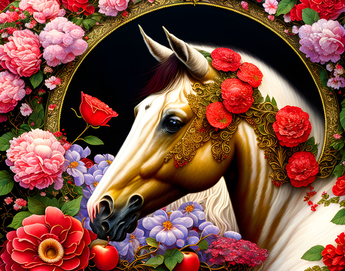 Golden Unicorn with Floral Garland and Gold Bridle Among Colorful Flowers