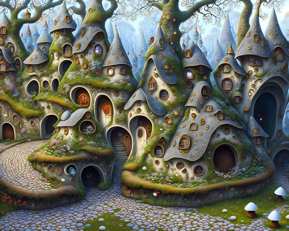 Whimsical mushroom houses in enchanted forest at twilight