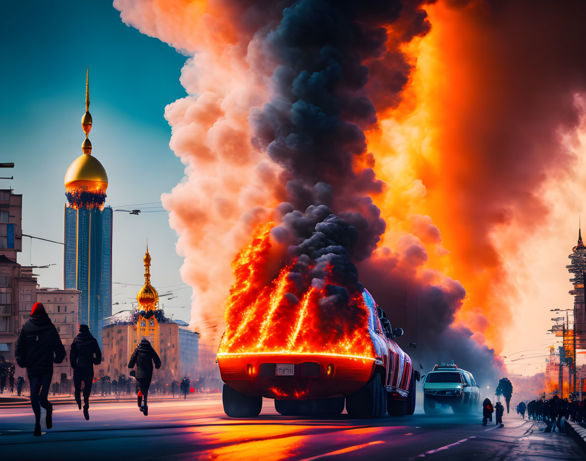 giant rocket flies through burning Kyiv city stree