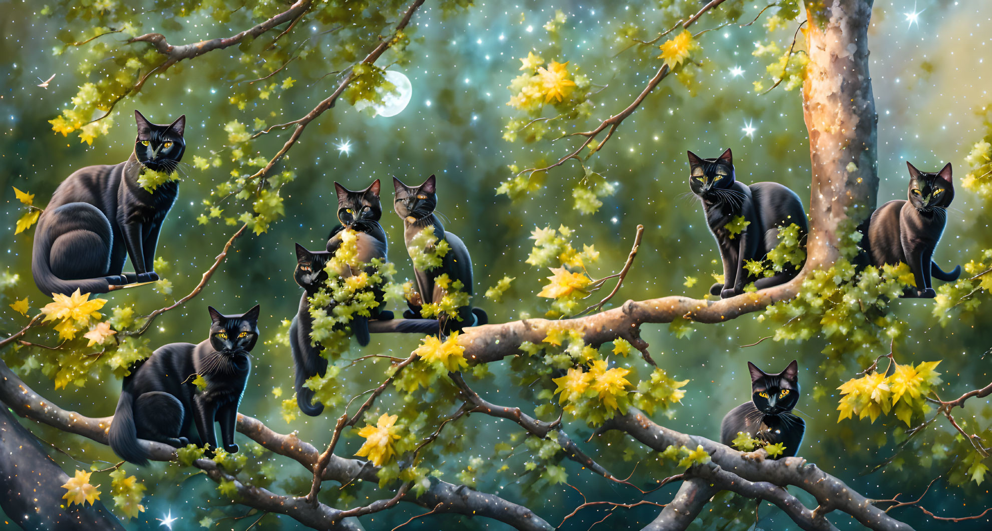 Back view of five black cats sitting on a branch i