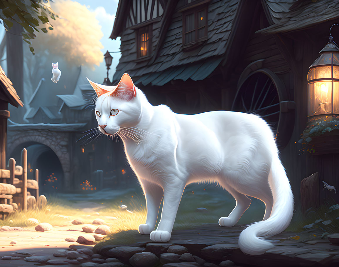 White Cat with Piercing Eyes in Quaint Village Setting