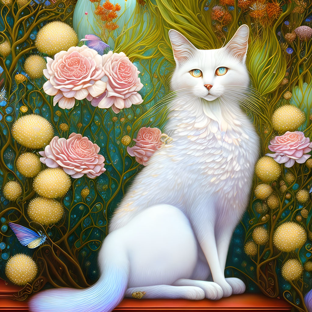 White Cat with Blue Eyes Surrounded by Flowers and Butterfly