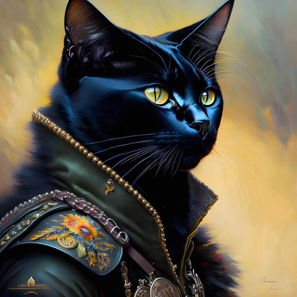 Regal black cat in ornate outfit with gold trims and floral embroidery