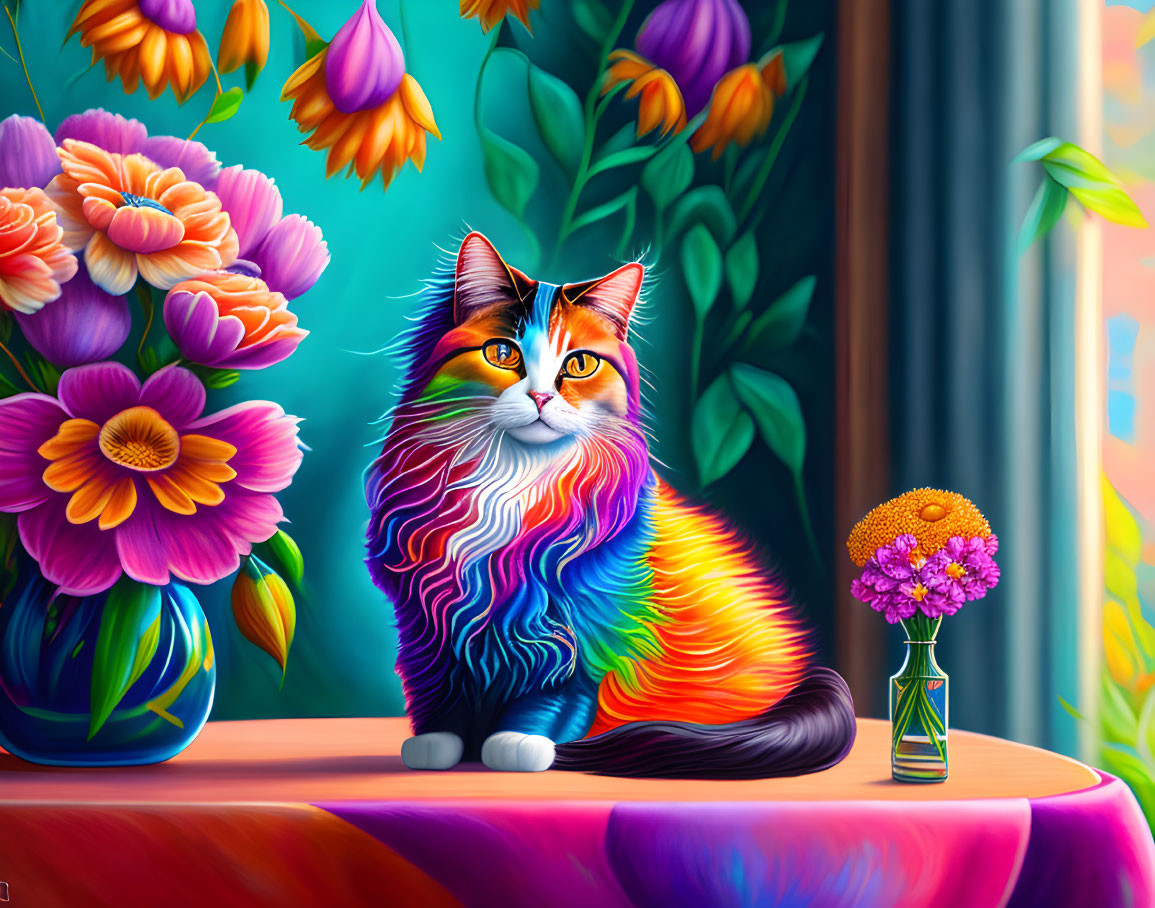 The hairlong cat with doodle art style, colorful, 