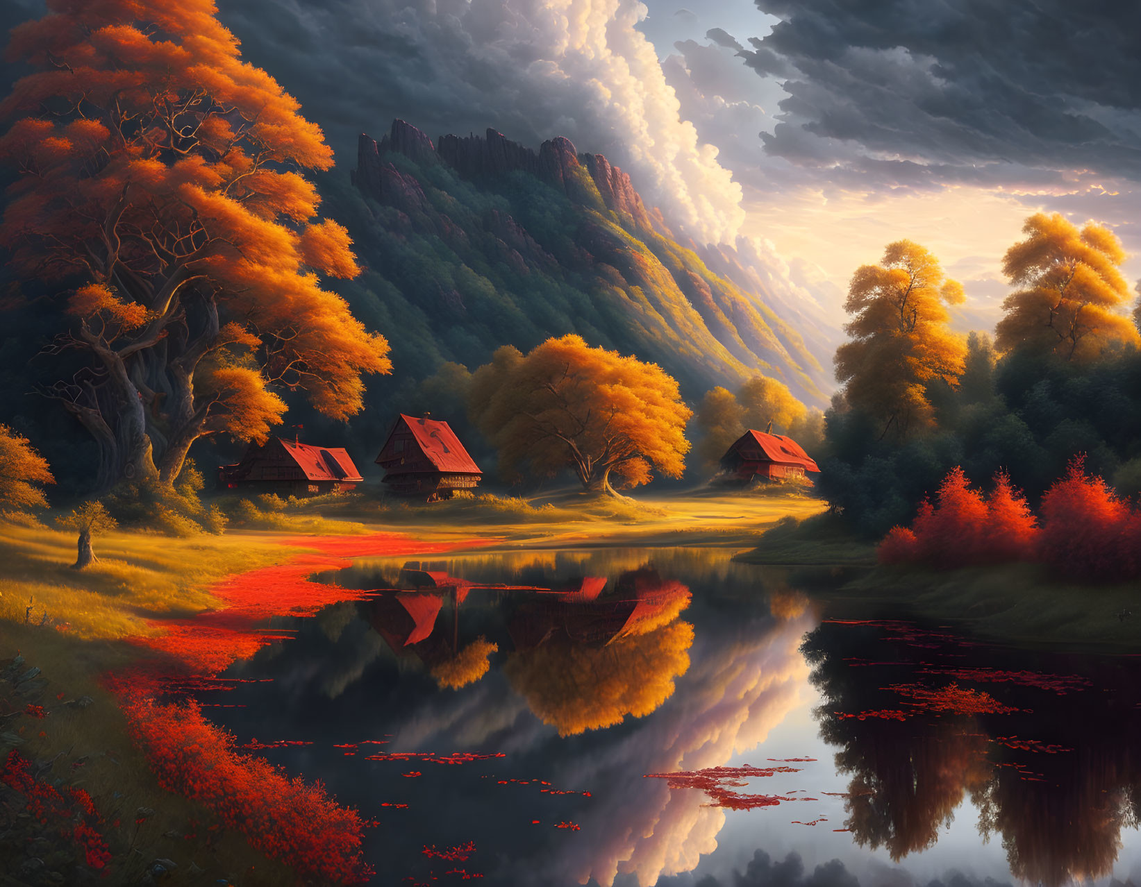 Tranquil autumn lake with vibrant foliage and cottages at sunset