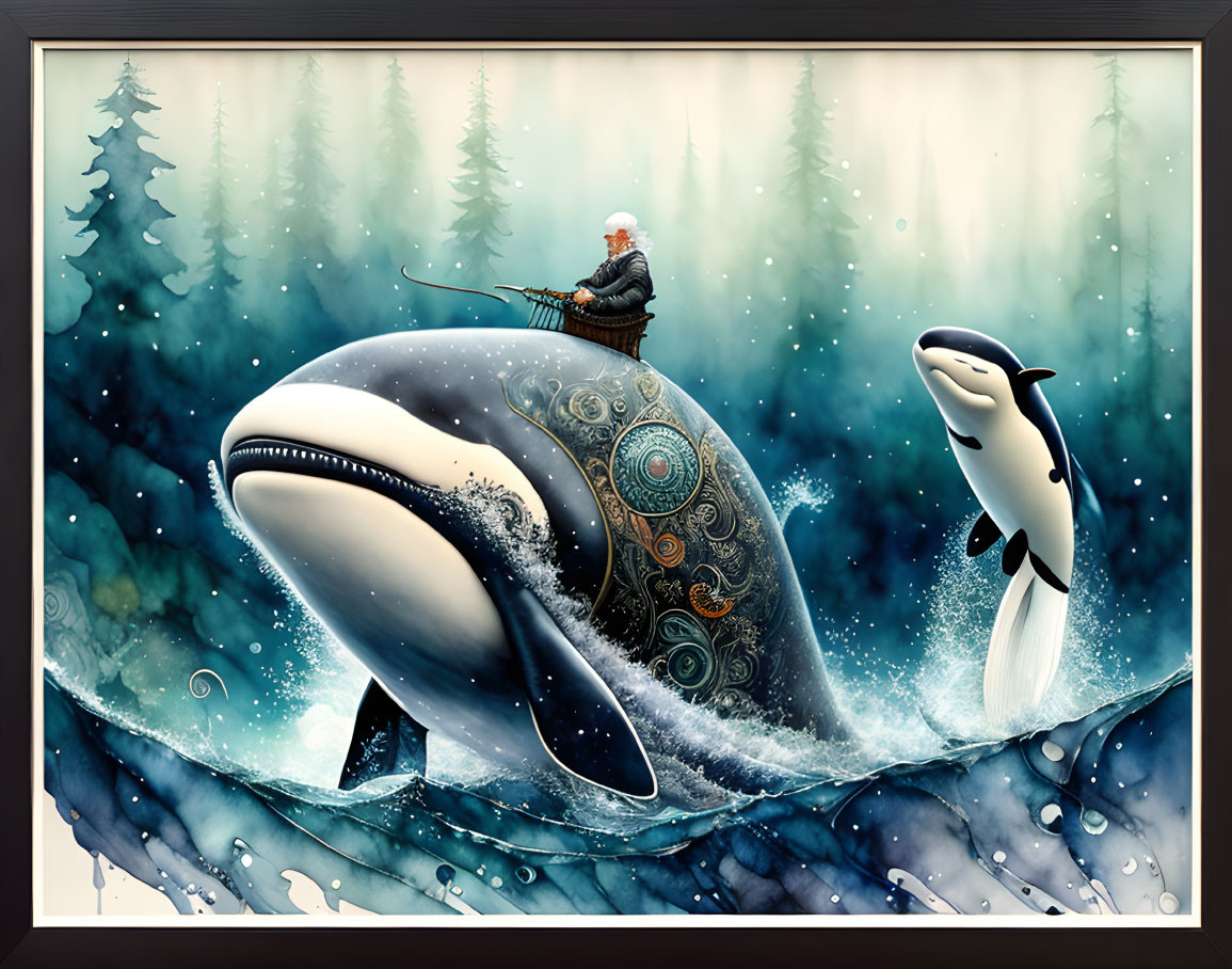 Old man driving tree killer whale with handle, by